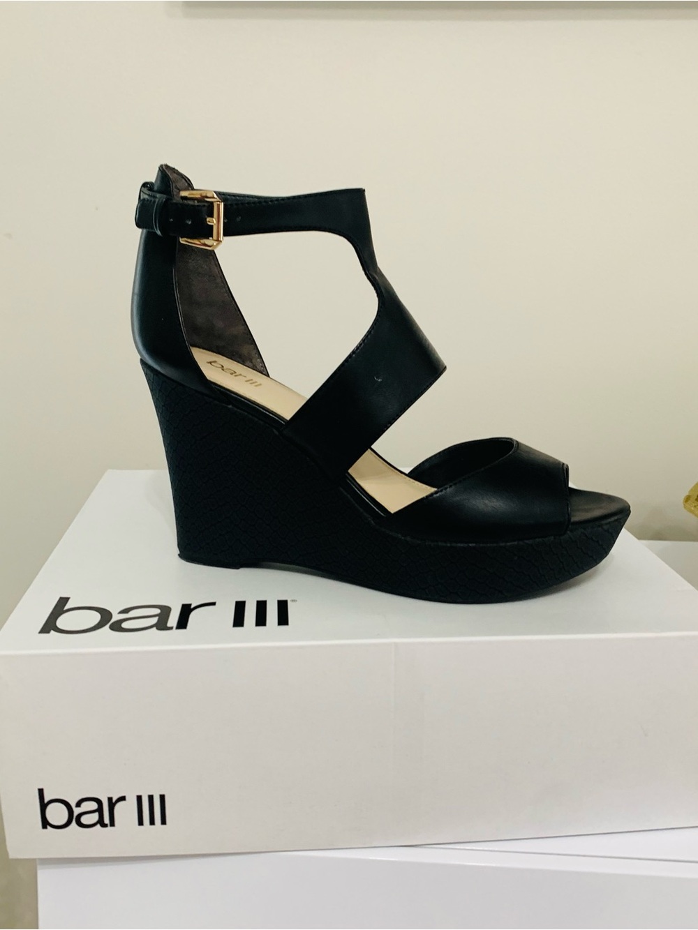 Bar III Black Leather T-Strap Wedge Sandals with Gold Buckle